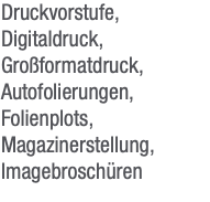 Druckvorstufe, Digitaldruck, Großformatdruck, Autofolierungen, Folienplots, Magazinerstellung, Imagebroschüren